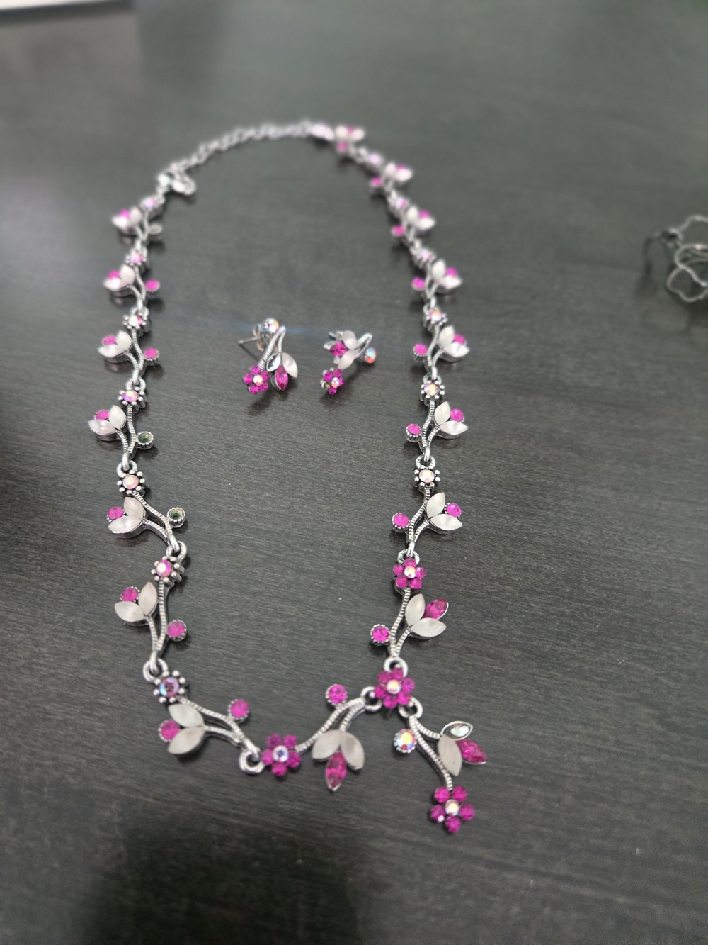 Pink And White Crystal Silver-Tone Necklace and Earrings